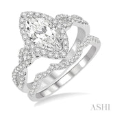 1 1/6 Ctw Round Cut Diamond Wedding Set With 1 Ctw Split Bow Shank Marquise Cut Engagement Ring and 1/6 Ctw Triple Arch Wedding Band in 14K White Gold
